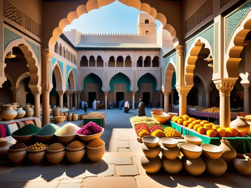 Una bulliciosa plaza de mercado en una antigua ciudad islámica, con arcos elaborados, textiles coloridos y cerámica ornamental