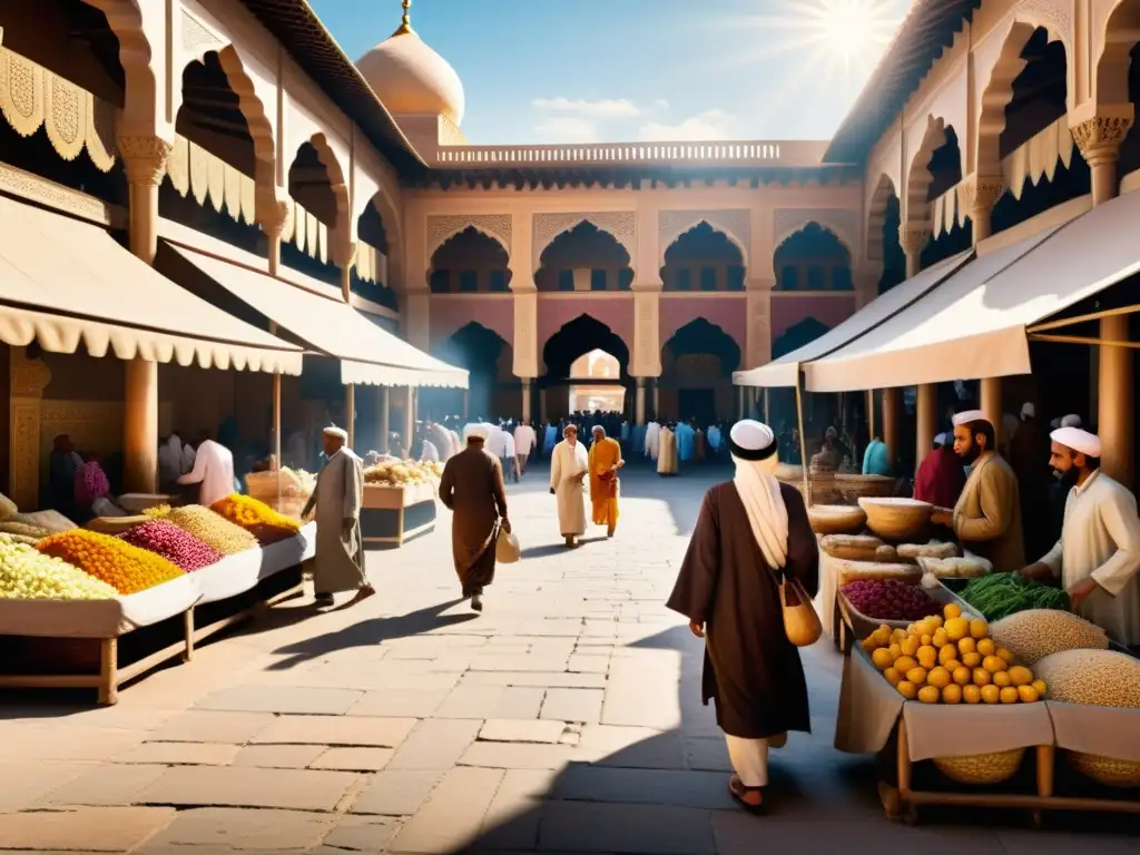 Una bulliciosa plaza de mercado en una ciudad islámica histórica, con arquitectura detallada y textiles vibrantes