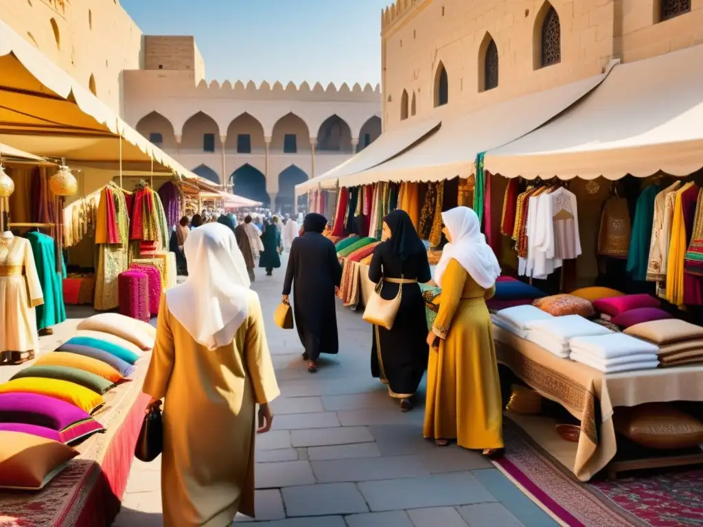 Una bulliciosa plaza de mercado en una ciudad del Medio Oriente, con vendedores ofreciendo vibrantes y elaboradas prendas de moda modesta islámica