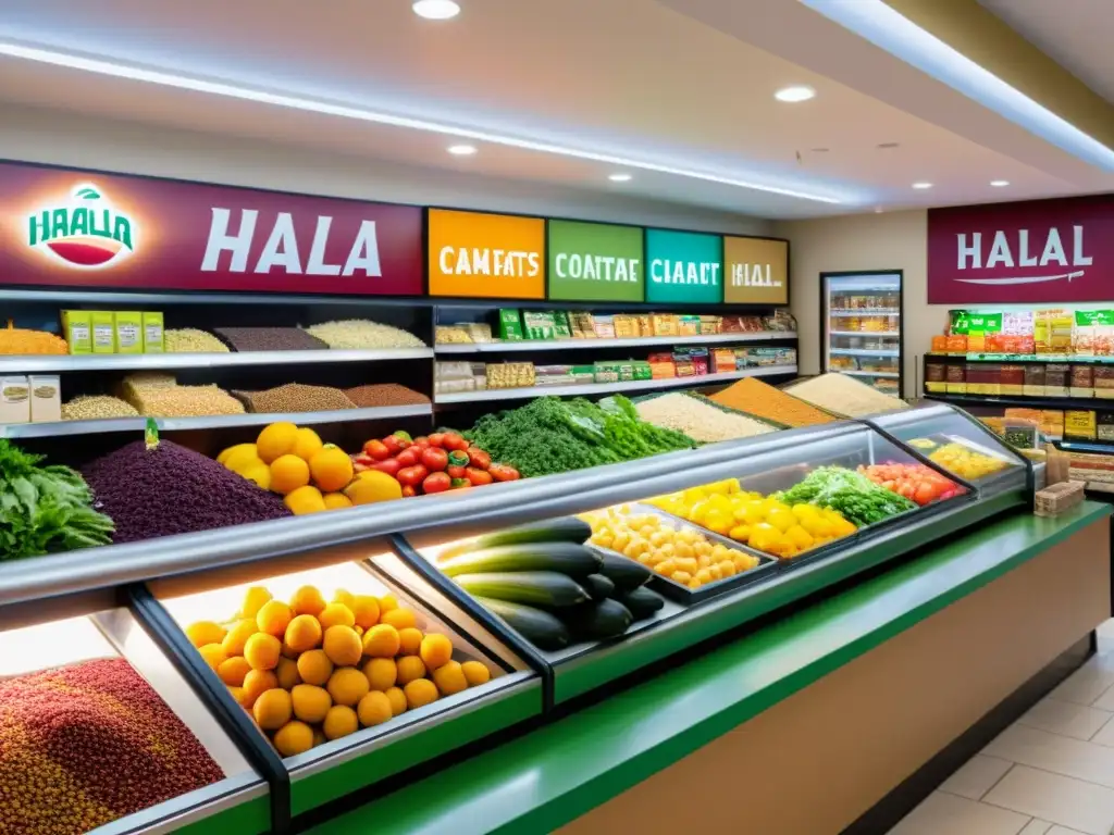 Una bulliciosa tienda Halal llena de productos frescos, especias exóticas y clientes de diversas culturas