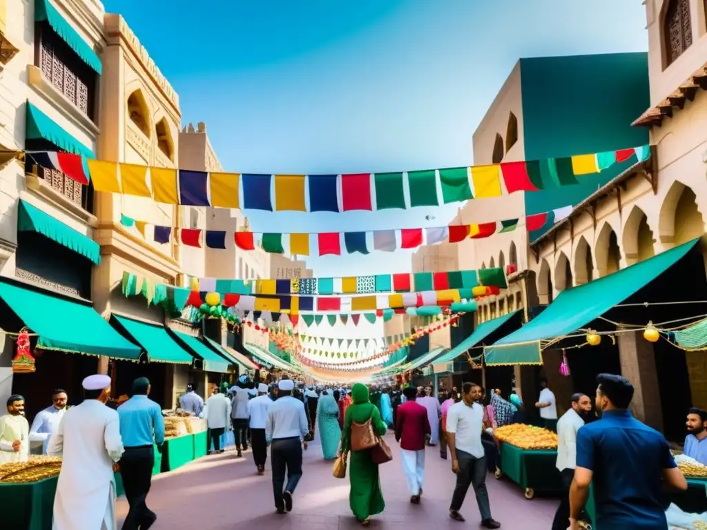 Un bullicioso barrio urbano con banderas y decoraciones coloridas, donde personas de diversas culturas celebran Eid al-Fitr