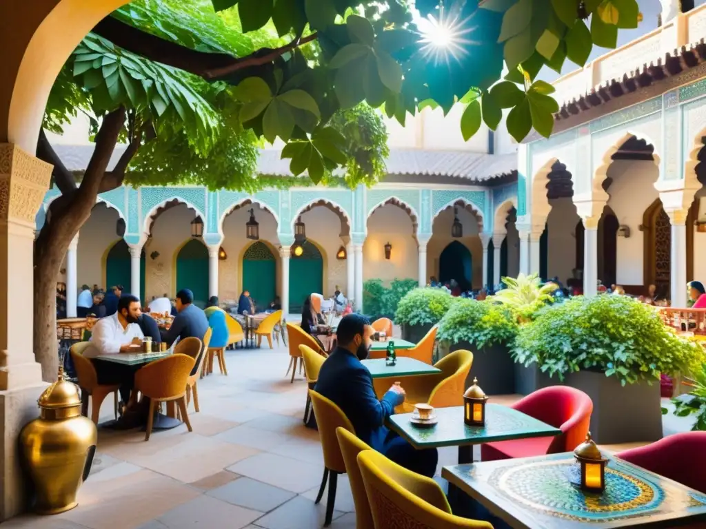 Un bullicioso café al aire libre en una histórica ciudad islámica, con mesas de mosaico y cafeteras de latón