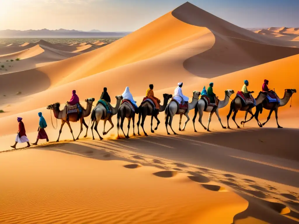 Un bullicioso caravana del desierto del Sahara, las redes comercio musulmanes Sahara, caminando entre las dunas bajo el sol ardiente