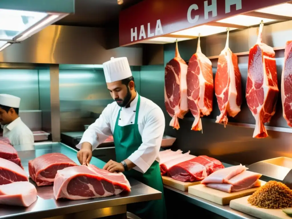 Un bullicioso carnicero halal preparando carne con destreza mientras clientes visten atuendos tradicionales