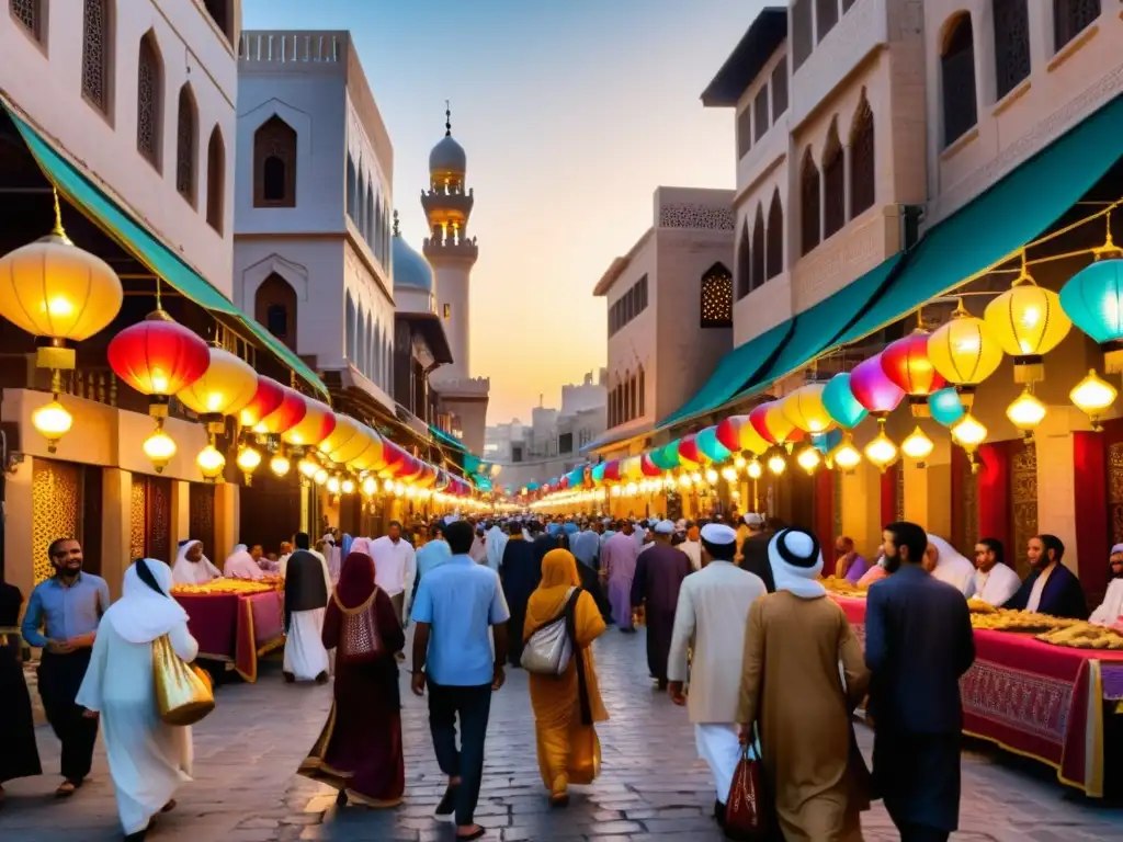 Un bullicioso y colorido escenario de una ciudad del Medio Oriente durante el Ramadán