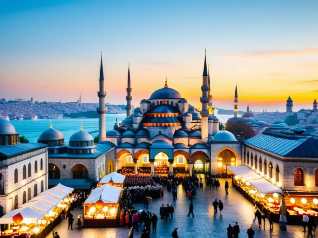 Un bullicioso y colorido callejón de Estambul con gente vestida con vibrantes hijabs y edificios tradicionales