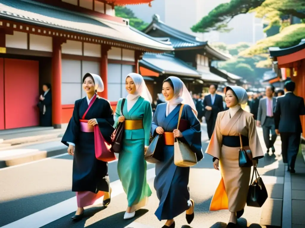 Un bullicioso cruce en Tokio, donde mujeres musulmanas pasean entre trajes oscuros y kimonos, mostrando la integración cultural