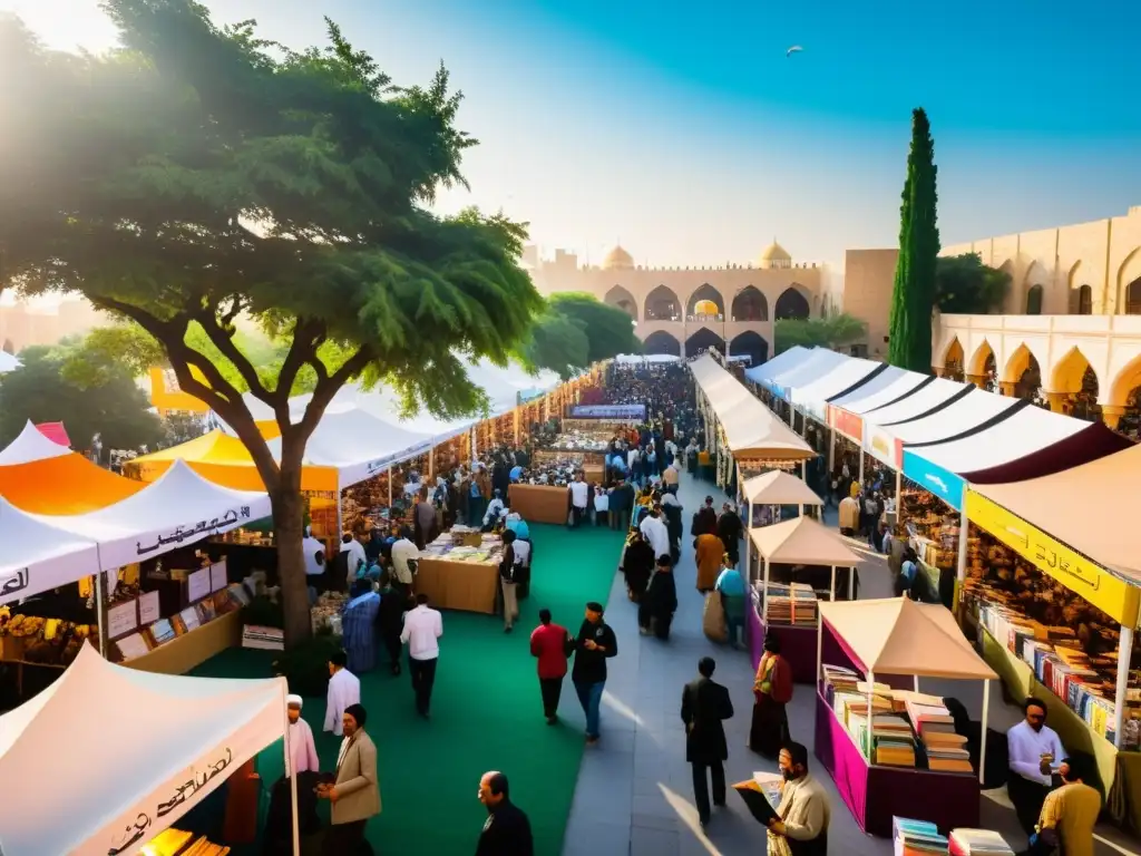 Un bullicioso festival del libro en una ciudad del Medio Oriente, con gente diversa explorando puestos de libros y participando en discusiones animadas bajo el cálido resplandor del sol