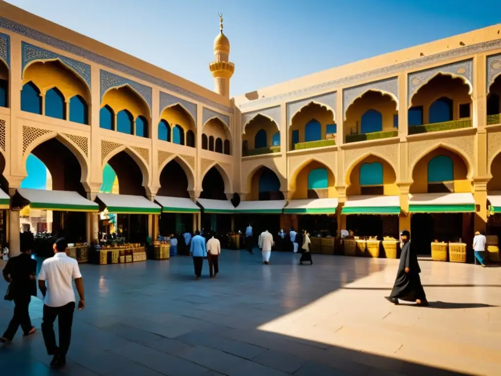 Un bullicioso mercado en la Bagdad actual, con edificios decorados y textiles vibrantes