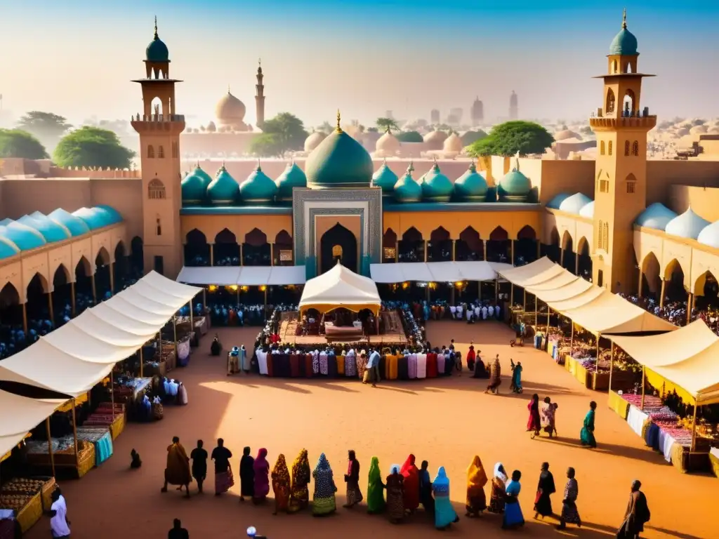 Un bullicioso mercado africano con colores vibrantes, gente y la atmósfera dinámica de la cultura islámica africana