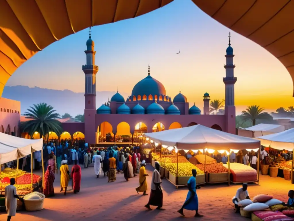 Un bullicioso mercado africano con una mezquita al atardecer