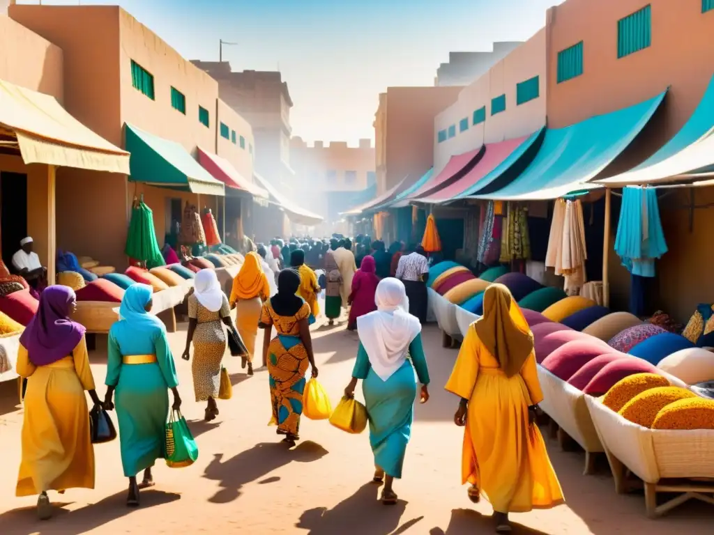 Un bullicioso mercado africano con mujeres vistiendo colorida moda tradicional islámica mientras compran telas y accesorios