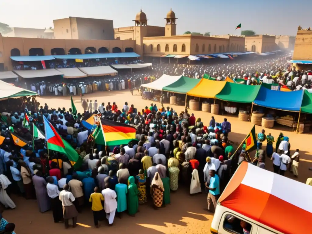 Un bullicioso mercado africano con puestos coloridos y una manifestación política al fondo, capturando la complejidad del Islam político en África