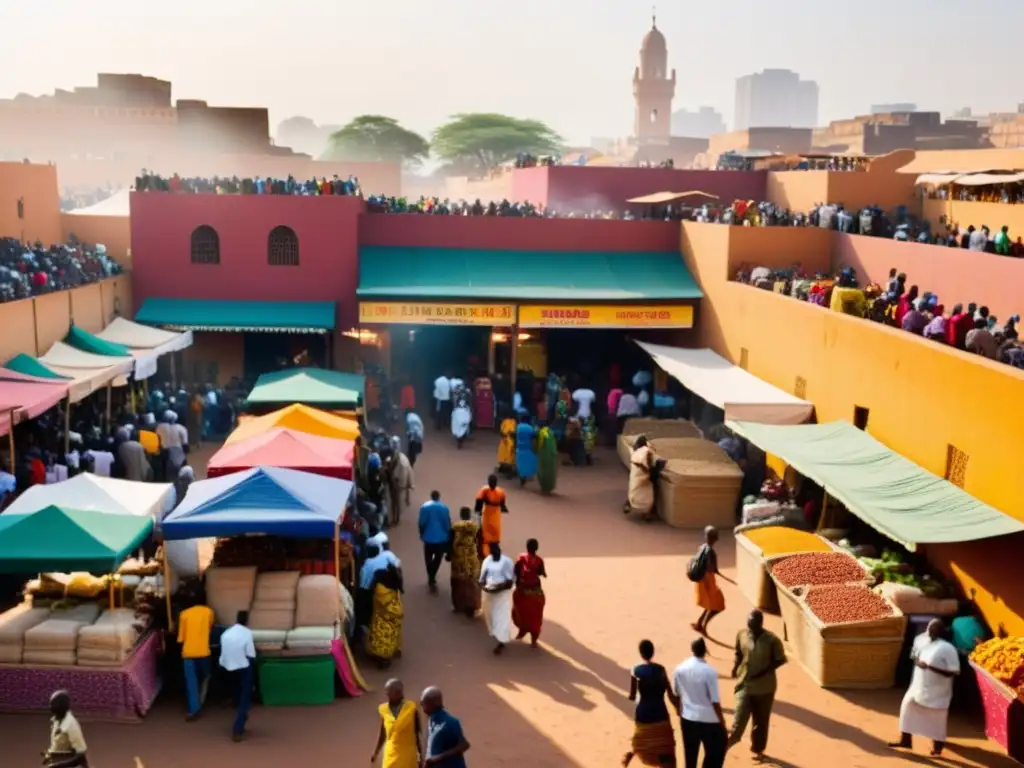 Un bullicioso mercado africano rebosante de color y vitalidad, con tejidos y especias, gente diversa y cálida luz solar