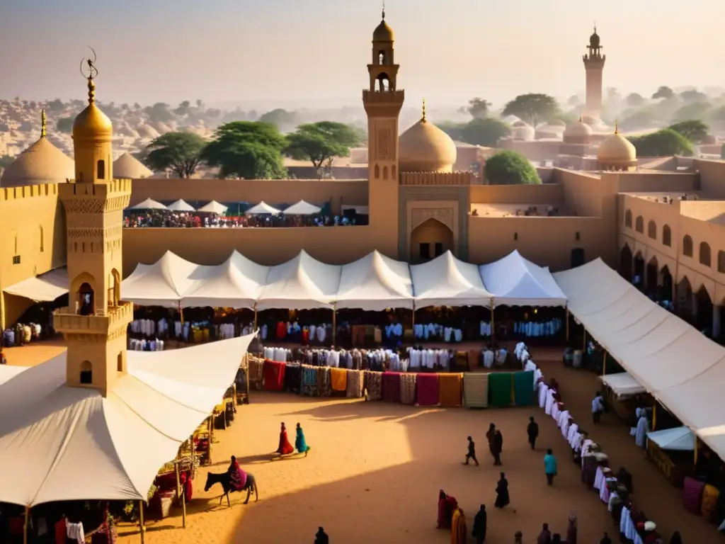 Un bullicioso mercado africano con textiles coloridos y una mezquita al fondo