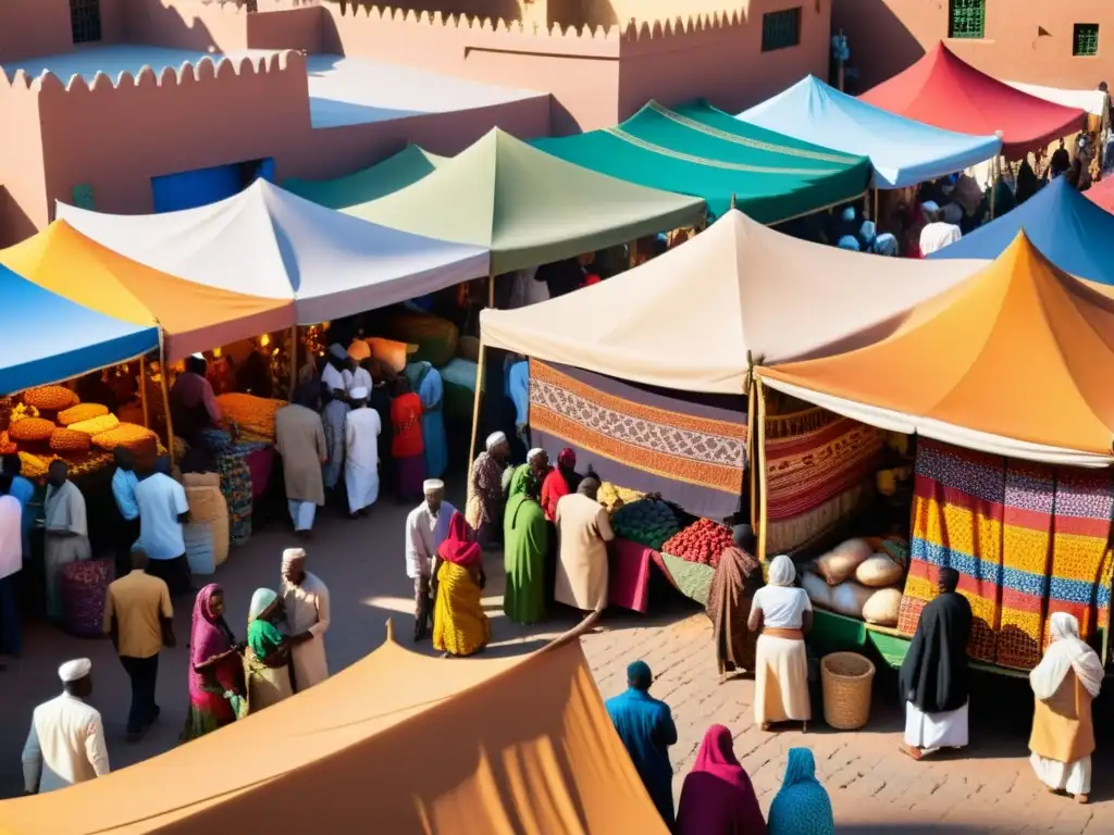 Un bullicioso mercado africano con textiles, especias y gente de diversas edades y etnias, iluminado por el cálido sol