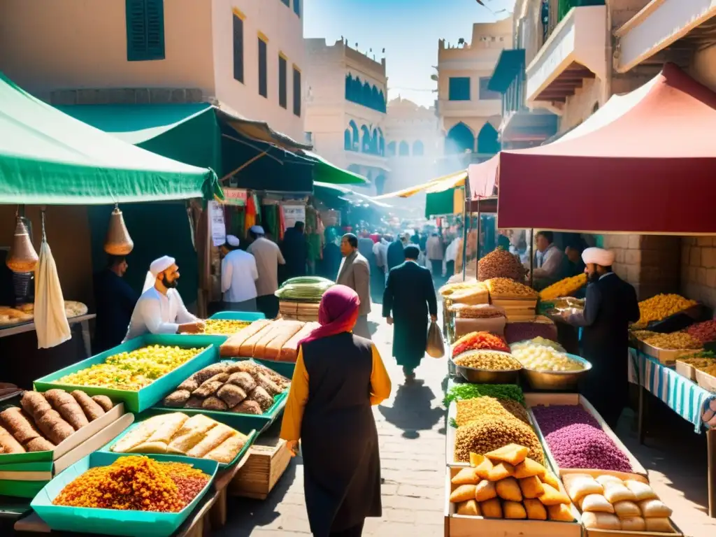 Un bullicioso mercado al aire libre en una ciudad del Medio Oriente, con puestos coloridos vendiendo comida halal