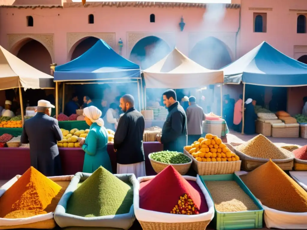 Un bullicioso mercado al aire libre en Marrakech, Marruecos, con colores vibrantes y una amplia variedad de especias, frutas y verduras en exhibición