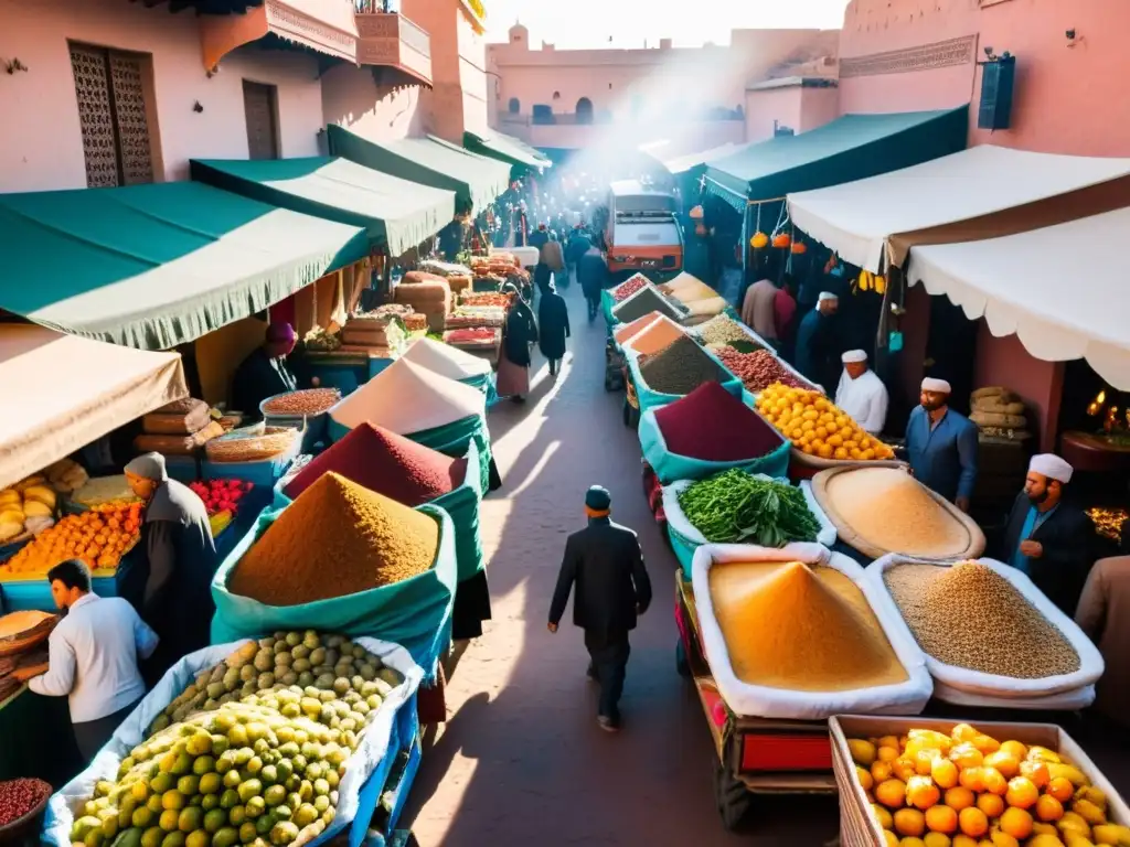 Un bullicioso mercado al aire libre en Marrakech, Marruecos, rebosante de puestos coloridos con frutas, verduras, especias y comida halal tradicional