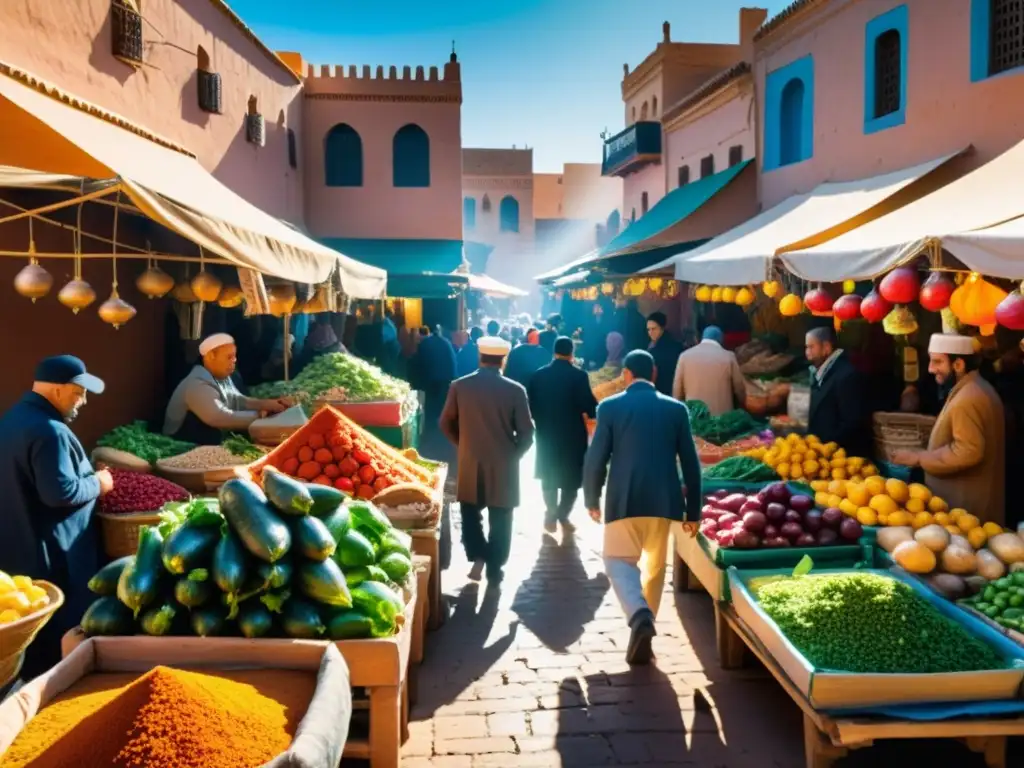 Un bullicioso mercado al aire libre en Marruecos, con puestos coloridos ofreciendo una variedad de vegetales frescos y especias aromáticas