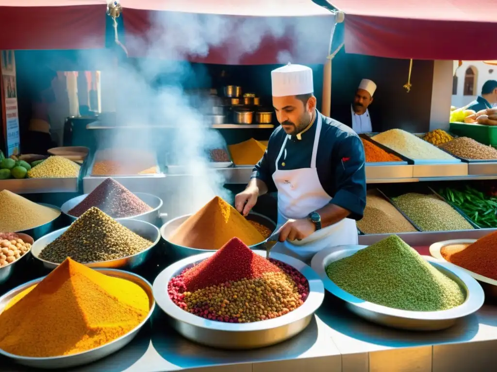 Un bullicioso mercado al aire libre en Andalucía, con vendedores ofreciendo especias coloridas, frutas frescas, verduras y carnes tradicionales Halal