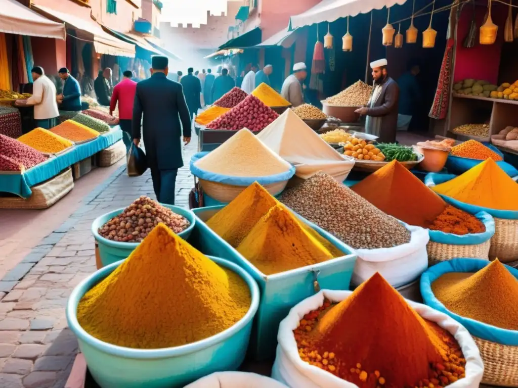 Un bullicioso mercado al aire libre en Marrakech, con especias coloridas y productos frescos en exhibición