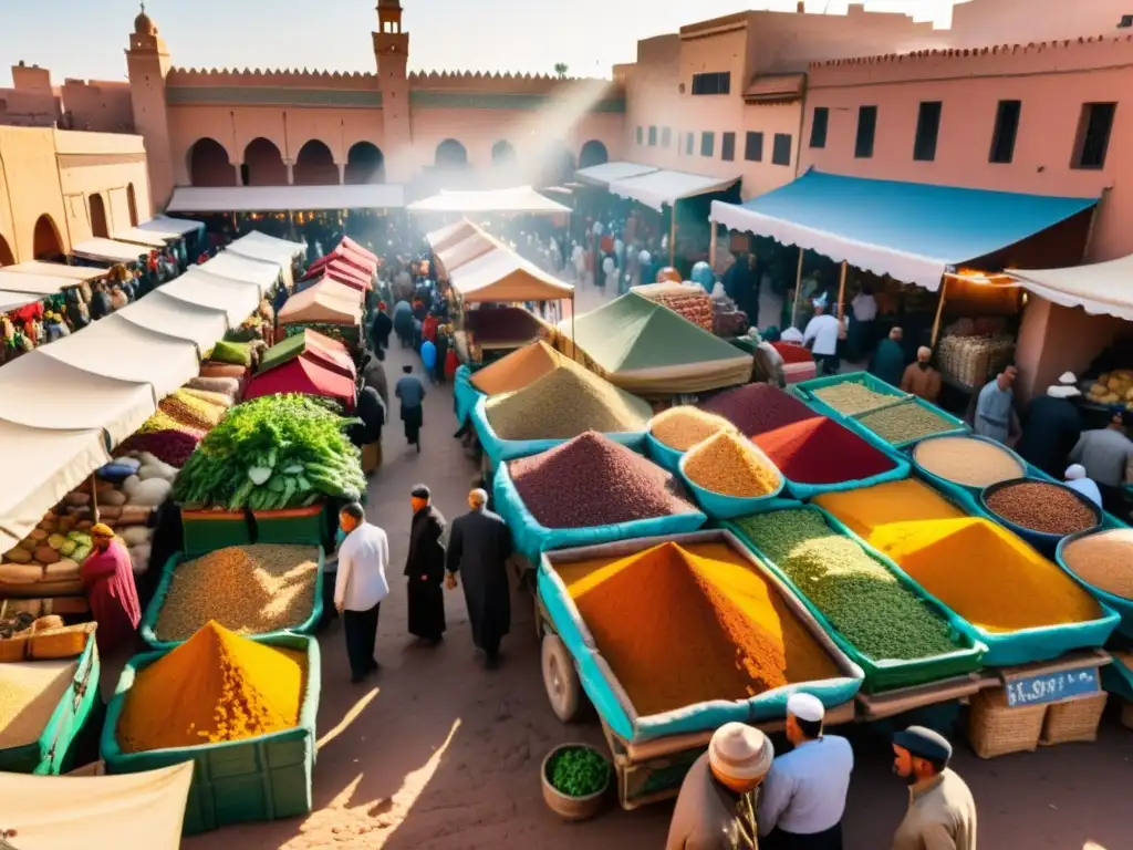 Un bullicioso mercado al aire libre en Marrakech, Marruecos, rebosante de puestos de especias, hierbas y productos frescos