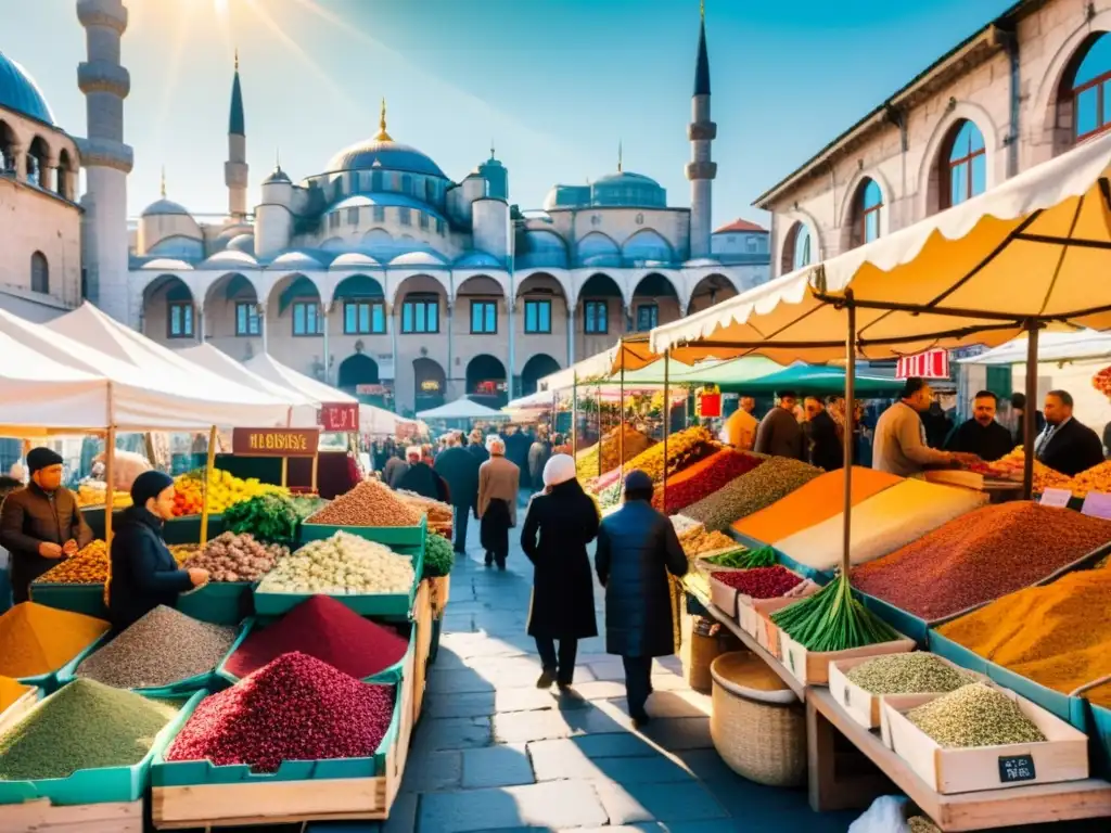 Un bullicioso mercado al aire libre en Estambul, con especias y productos coloridos en exhibición frente a edificios ornamentados