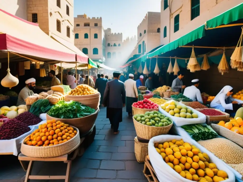 Un bullicioso mercado al aire libre en una ciudad del Medio Oriente, con puestos coloridos vendiendo una variedad de frutas, verduras y especias