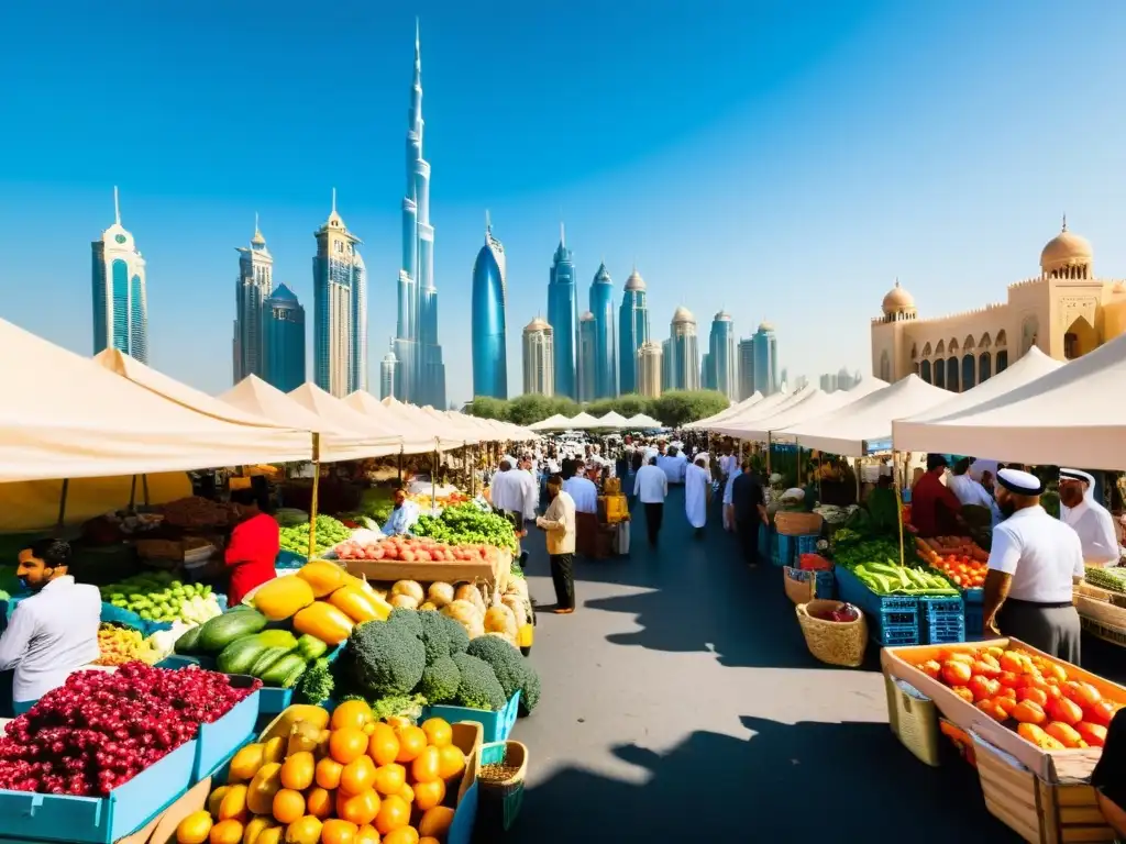 Un bullicioso mercado al aire libre en Dubai, repleto de puestos de frutas y verduras frescas y vibrantes