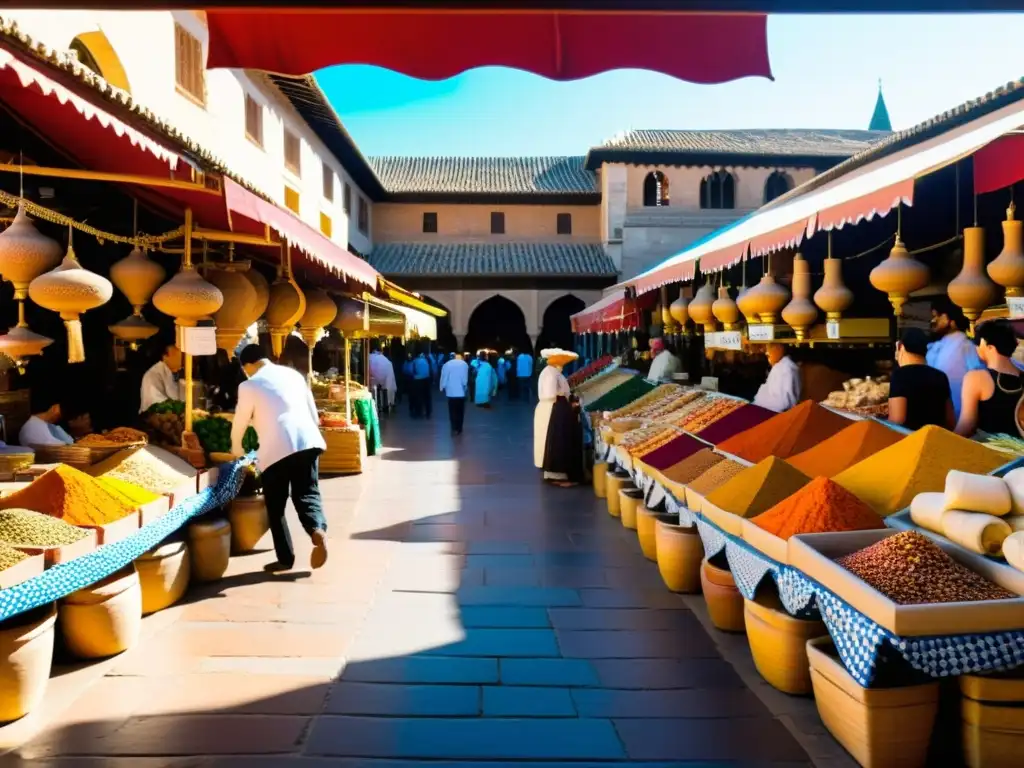 Un bullicioso mercado en AlÁndalus, con colores vibrantes y arquitectura intrincada que refleja el legado cultural del Islam en AlÁndalus