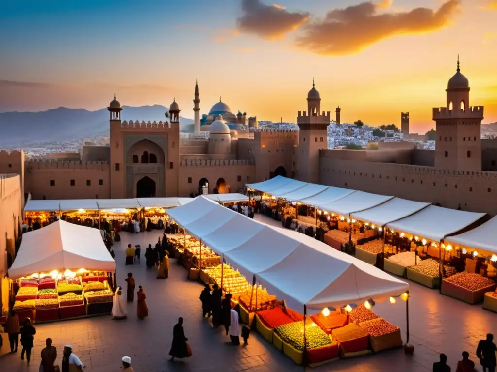 Un bullicioso mercado en Al-Ándalus, lleno de colores y actividad, con la silueta de la fortaleza Alcazaba y un vibrante cielo al atardecer