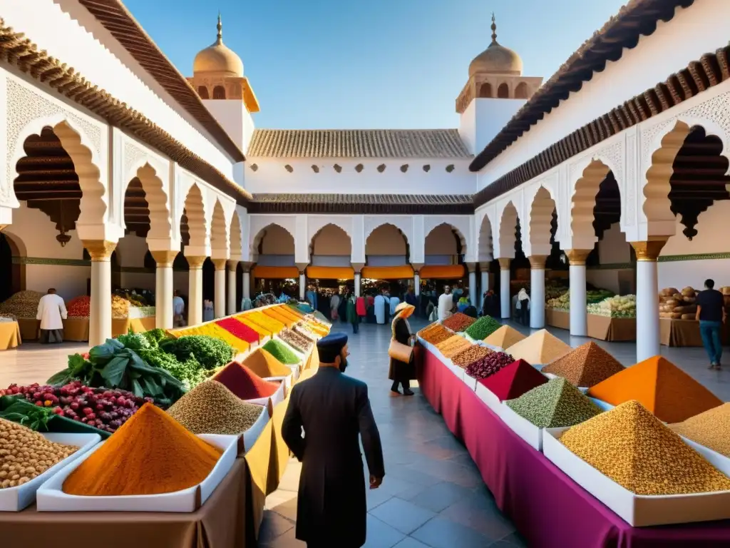 Un bullicioso mercado andaluz muestra una colorida variedad de especias, frutas y vegetales, con una rica herencia cultural