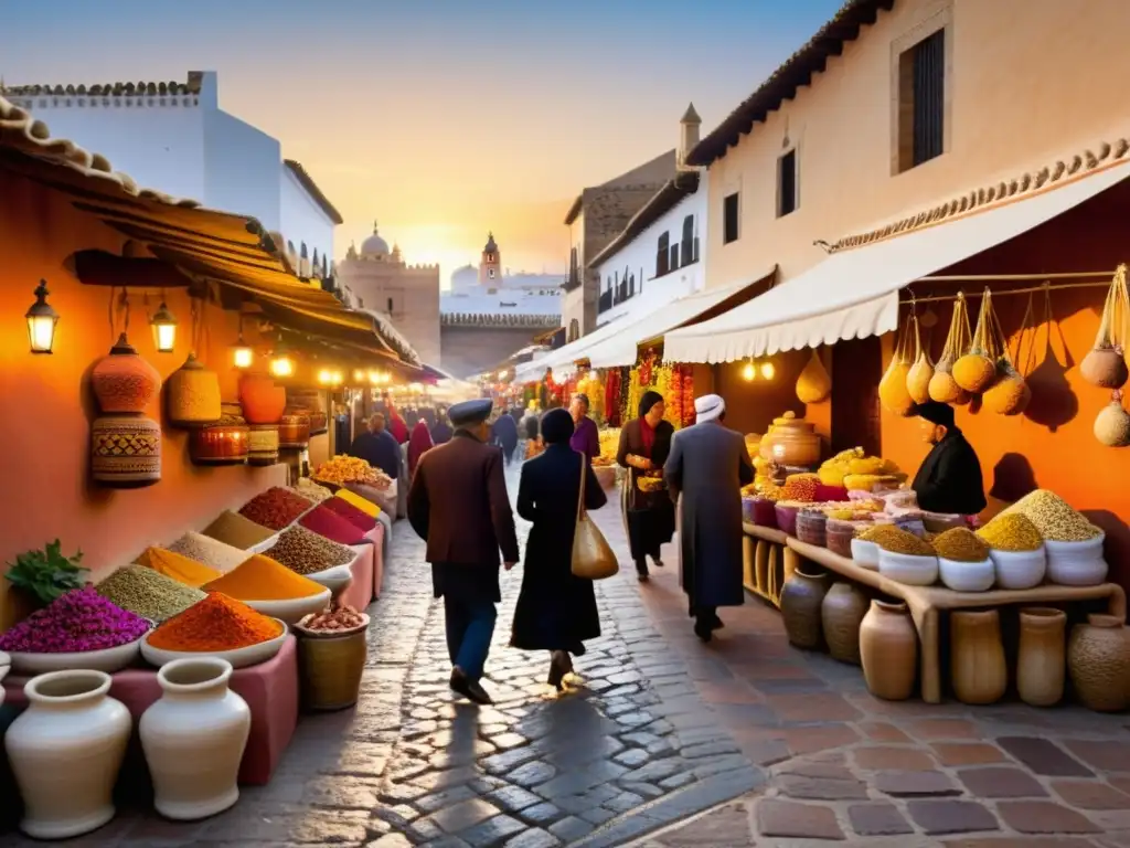 Un bullicioso mercado andaluz iluminado por el cálido sol, lleno de aromas y colores