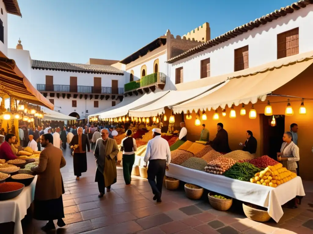 Un bullicioso mercado andaluz con tapices vibrantes, comerciantes y una diversa multitud, capturando la literatura árabe en Al-Ándalus