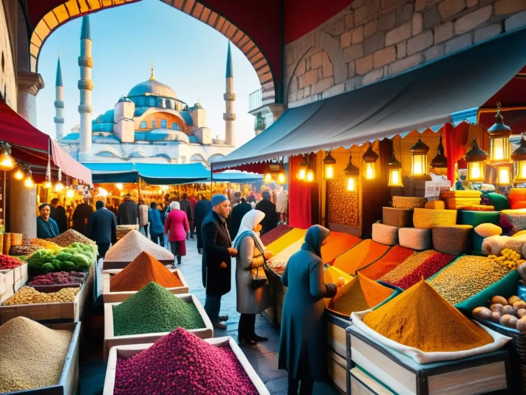 Un bullicioso mercado en la antigua Estambul, con arquitectura otomana, textiles vibrantes y comerciantes regateando especias y sedas