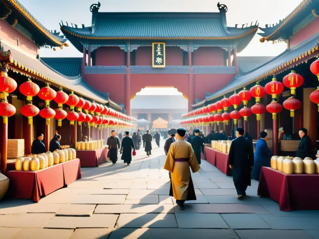 Un bullicioso mercado en la antigua China, con arquitectura de influencia islámica