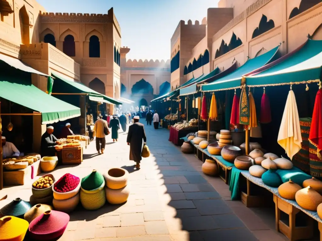 Un bullicioso mercado en una antigua ciudad islámica, con edificios intrincados y toldos coloridos