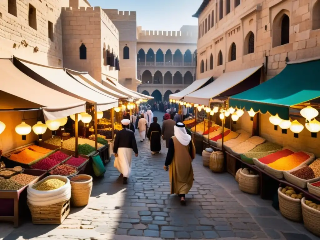 Un bullicioso mercado en una antigua ciudad del Medio Oriente, con edificios intrincadamente diseñados y toldos coloridos que proyectan sombras moteadas en las calles empedradas