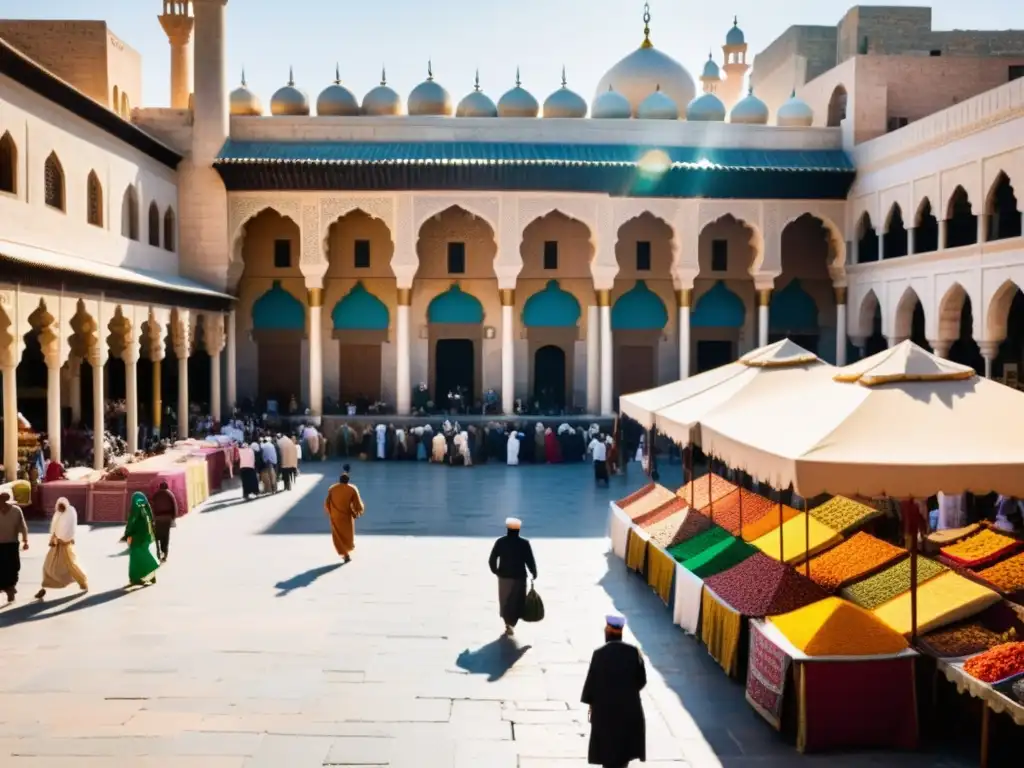 Un bullicioso mercado en una antigua ciudad islámica, con edificios intrincadamente diseñados y calles estrechas llenas de mercaderes vendiendo textiles, especias y productos artesanales