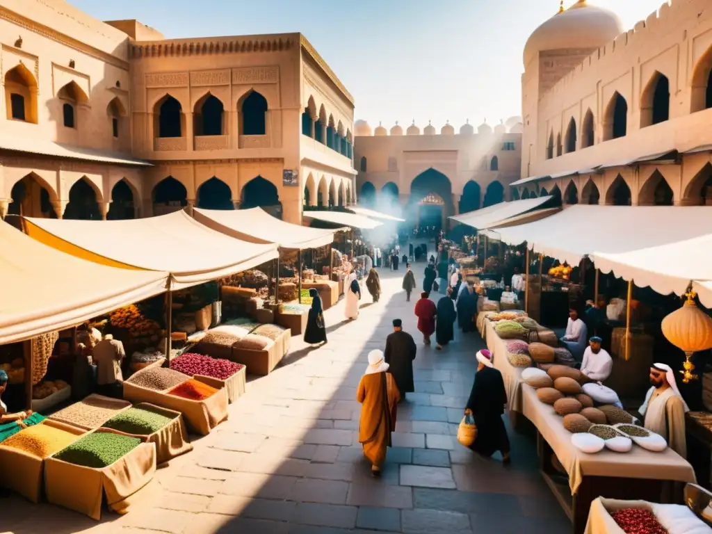 Un bullicioso mercado en una antigua ciudad del Medio Oriente, con arquitectura islámica ornamental al fondo