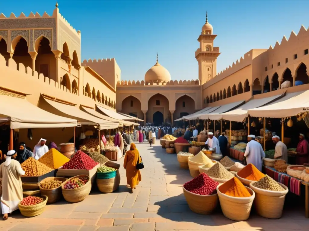 Un bullicioso mercado en una antigua ciudad árabe captura la influencia global de la poesía árabe con textiles, especias y arquitectura impresionante