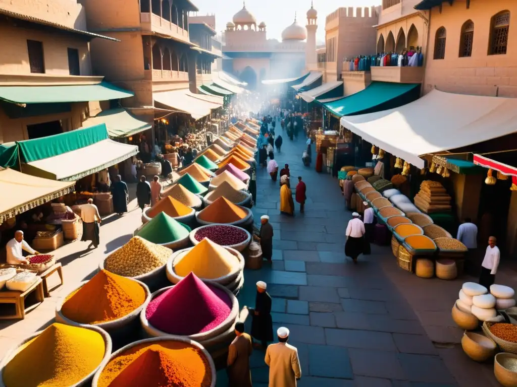 Un bullicioso mercado en una antigua ciudad islámica, con calles estrechas alineadas con coloridos puestos vendiendo especias, textiles y cerámica