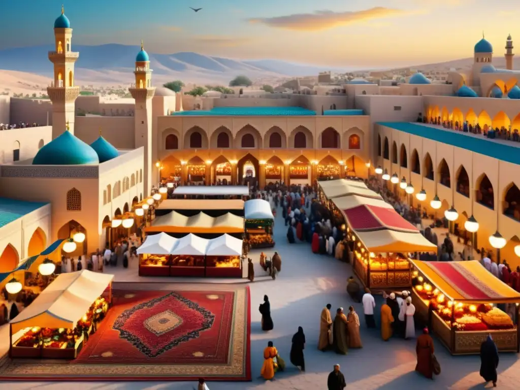 Un bullicioso mercado en una antigua ciudad del Medio Oriente, con colores vibrantes, arquitectura detallada y diversidad cultural