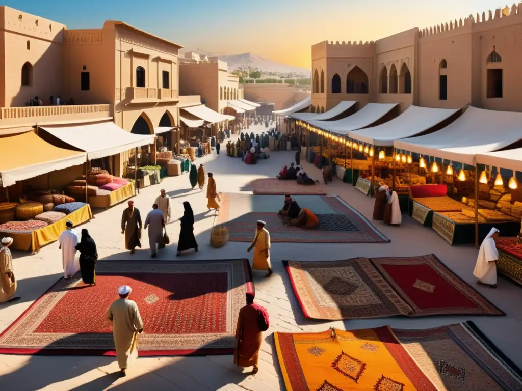 Un bullicioso mercado en una antigua ciudad del Medio Oriente, con coloridas alfombras y textiles