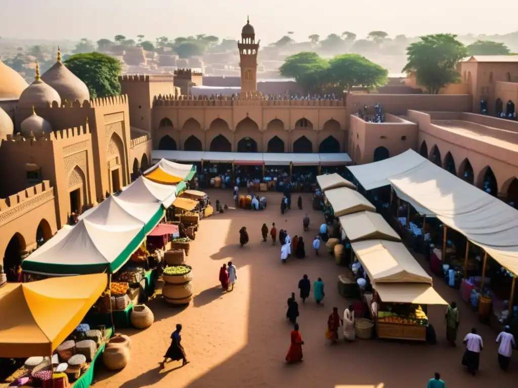 Un bullicioso mercado en una antigua ciudad africana durante la Edad de Oro del Islam, resaltando el legado islámico en ciencia y tecnología