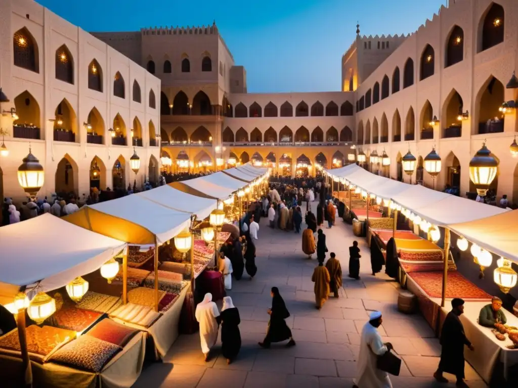 Un bullicioso mercado en una antigua ciudad de Oriente Medio, con tapices vibrantes, linternas ornamentadas y personas en atuendos islámicos