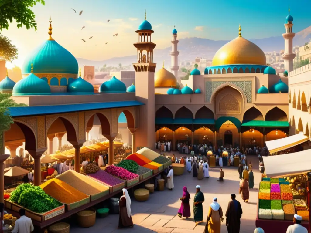 Un bullicioso mercado en una antigua ciudad islámica, con colores vibrantes y arquitectura detallada