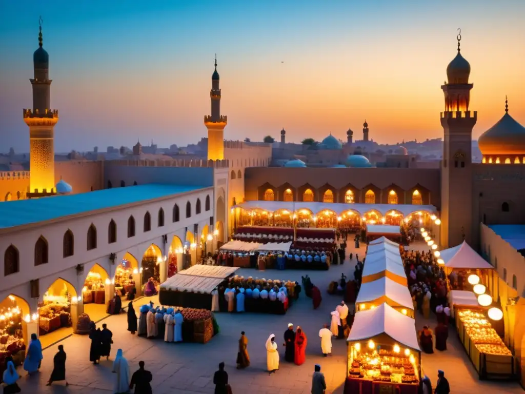 Un bullicioso mercado en una antigua ciudad islámica, con minaretes imponentes y comerciantes bajo la cálida luz del atardecer