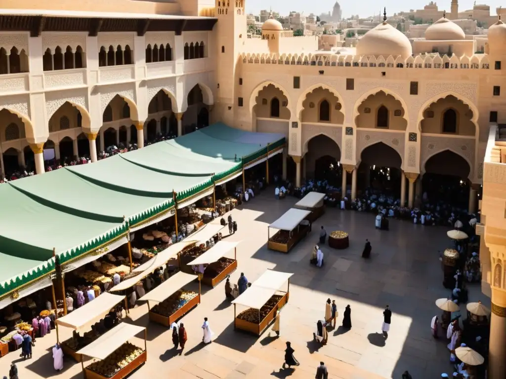 Un bullicioso mercado en una antigua ciudad del Medio Oriente, con arquitectura detallada y calles estrechas llenas de comerciantes y compradores